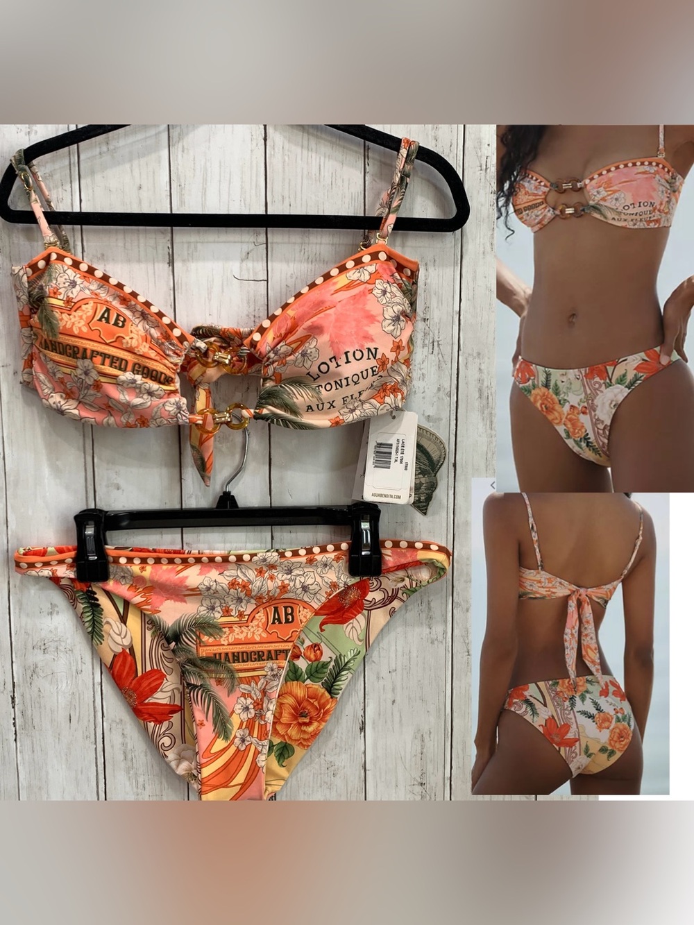Agua Bendita Bikini Set Lace Bandeau Top Ilu Reversible Bottom XL Adjustable NWT